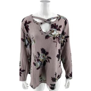 Maurices 24/7 Womens Thermal Top Size XXL Purple Floral Caged Neck Shirt